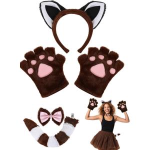 Cat Halloween Costume Accessory 5 Pcs Set with Ears Headband Paws Gloves Bow Tie Tail for Adults Animal Costume Bear,Mouse