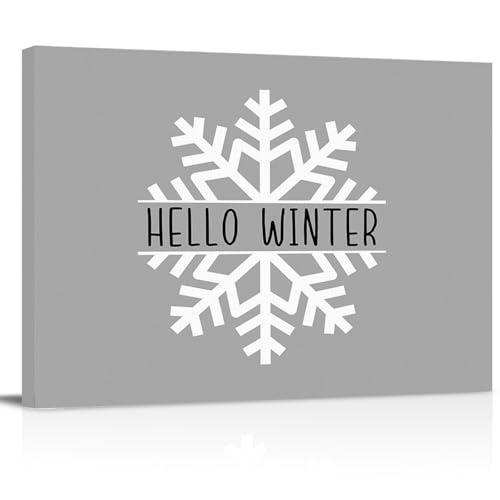 Hello Winter Canvas Print Wall Art - Christmas White Snowflake on Grey Background - Wall Decor Modern Artwork Paintings Pictures for Living Room Stretched and Framed Ready to Hang - 24" x 36"