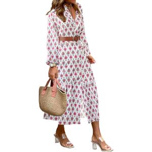 LOLONG Women's Casual Button Front Midi Dresses Spring 2025 Puff Long Sleeve Printed Ruffle Hem Boho Flowy Dress