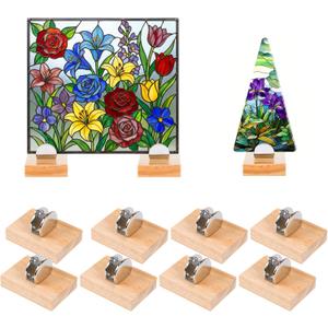 8 Pcs Wood Adjustable Glass Display Stands Easel for Glass Art, Stained Ceramic Tiles, Plaques, Photos & Collectibles for Office, Trade Shows, Home Decor & Exhibitions