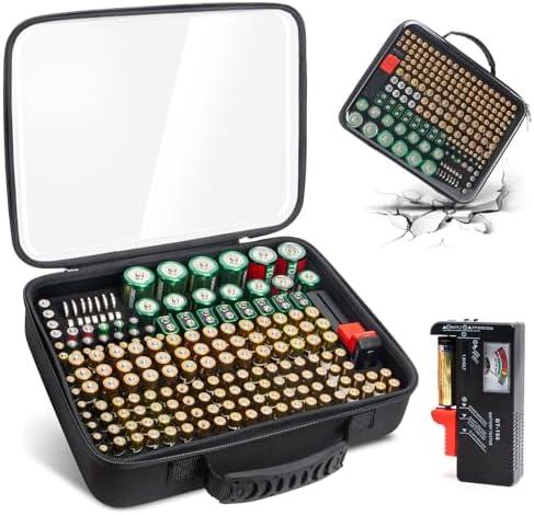 Battery Organizer Storage Case with Tester, Hardshell Portable Checker Carrying Case Holds Batteries AA AAA AAAA C D 9V, Battery Organizer Storage Box (Clear Hold 200+ Cell)
