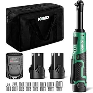 KIMO Extended Cordless Ratchet Wrench 3/ 8" Set, 400RPM 40Ft-Lbs 4-Inch Long Neck Electric Ratchet Wrench w/ Variable Speed, 7 Sockets & 1/ 4" Adapter, 12V Power Ratchet Wrenches w/ 2x2.0 Ah Batteries
