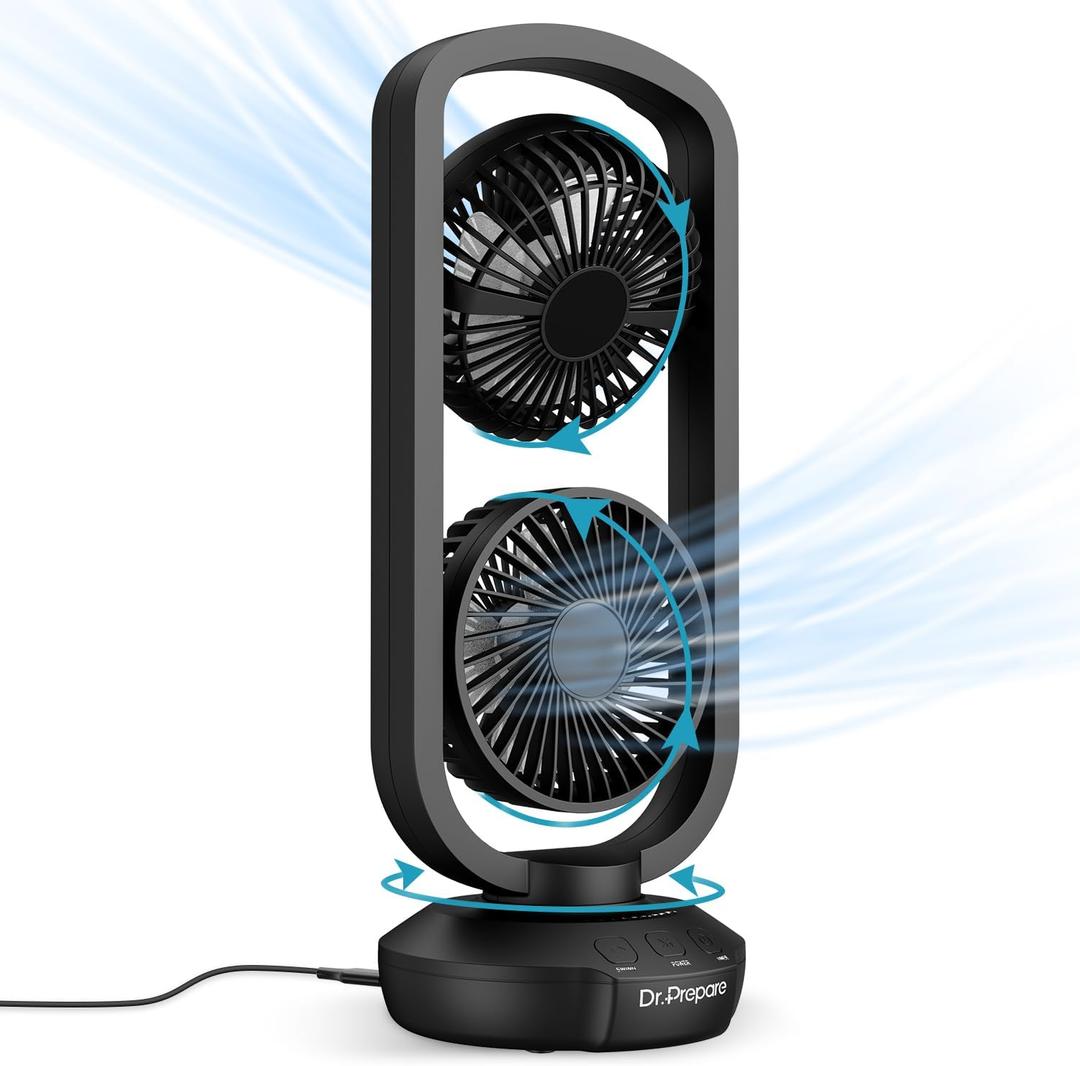 DR.PREPARE Small Tower Fan Oscillating Table Fans with 270 Tilt, 105 Oscillating, 3 Speeds and 3 Auto-Off Timer, Portable USB Powered Desk Fan for Bedroom Office Home Desk, Powerful Airflow 15 Inch