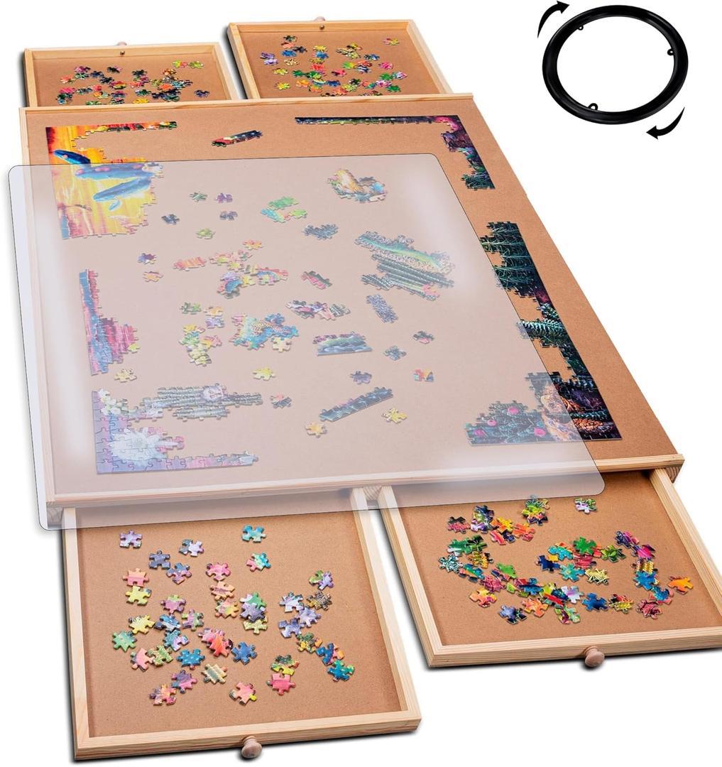 PTYIBO Rotating Jigsaw Puzzle Board with Drawers 1000 Piece – Puzzle Table with Cover, 4 Drawers, 23” x 31" – Wooden Puzzle Organizer, Puzzle Accessories,Portable Puzzle Tables for Adults and Kids