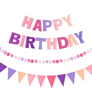 CANREVEL Pre-Strung 3D Rainbow Happy Birthday Banner, 3 PCS Happy Birthday Felt Sign, Pom Pom Garland, Triangle Fabric Bunting, Colorful Reusable Birthday Decorations for Women Men Girls Boys, Purple