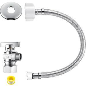 1 Pack Complete Toilet Valve Set, Includes 1/2'' Nom Inlet x 3/8'' OD Compression Outlet Angle Shut Off, 7/8" BC x 3/8" COMP Toilet Water Supply Line, Escutcheon Plate, Sealing Tape (16 Inch)