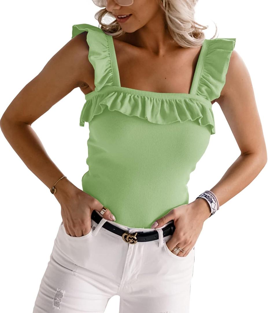 Womens Cute Sleeveless Tank Tops Ruffle Strap Square Neck Blouse Solid Color Knitted Camisole, Small