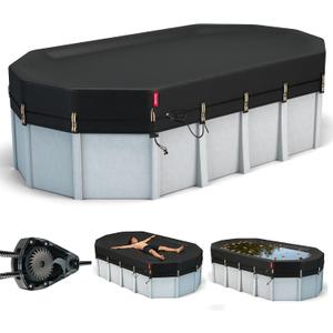 QH.HOME 15x30 Ft Oval Pool Cover for Steel Wall Pool,[Ultimate Windproof & Tear-Resistant Fabric],Snug Fit with Patented Ratchet & Weight Rings, Blocks Leaves &Waterproof
