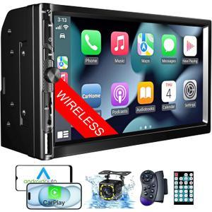 Wireless 7 Inch Double Din Car Stereo with Apple Carplay,HD 1024 * 600 Touch Screen, FM Car Radio Receiver with Bluetooth 5.1 Hands-Free,GPS Navigation, Backup Camera, Android Auto,USB/AUX/TF/SWC/EQ
