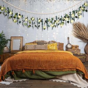 Eucalyptus Wall Decor with Led Light Wall Hanging Wooden Bead Garland Boho Nursery Decor Artificial Greenery Decor Modern Farmhouse Bathroom Decor Green Leaves Room Decor for Home Bed Decorations