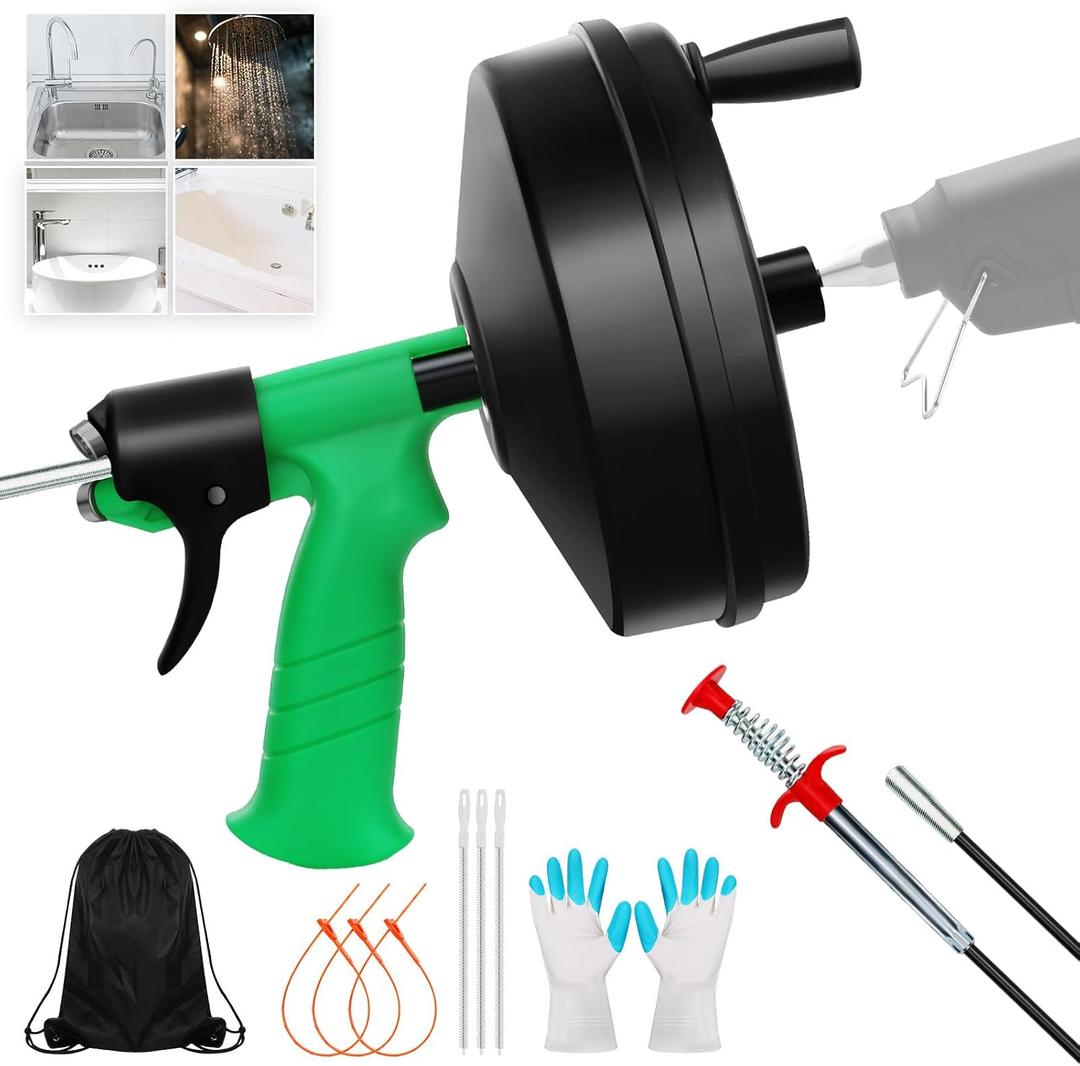 50 Ft Drain Snake, Fast Unclog Snake, Manual & Electric Plumbing Snaker for Shower Sink, Toilet and Kitchen, Drain Auger 50 ft Comes with Gloves and Bag, 1/4 Inch, Green