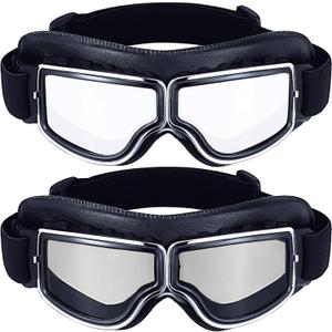 Frienda Pack of 2 Motorcycle Goggles Vintage Pilot Style Cruiser Scooter Goggle ATV Anti-Scratch Dustproof Windproof (Clear, Silver)