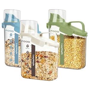 LANGMINGDE 3 Pieces Cereal Containers Storage, 51fl.oz/ 1.5L Compact Crystal Clear Dry Food Storage Containers with Pouring Spout Measuring Cup for Rice Nuts Beans Pet Food Snacks Candies, 3PCS
