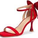 Carcuume Women's Square Toe Heels Bow Tie Ankle Strap Heel Sandals Open Toe Wedding Shoes, Size 9