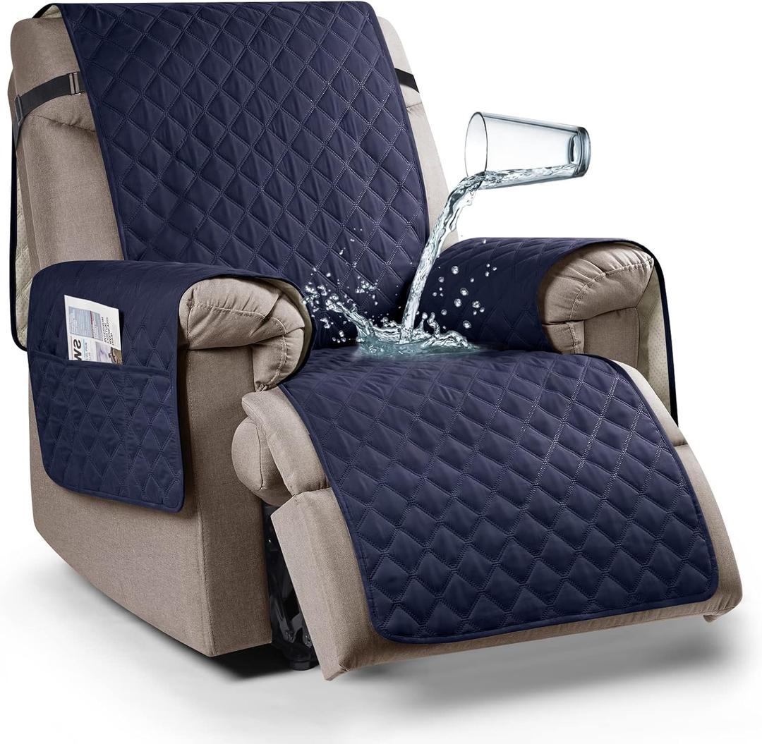 Ruaozz 100% Waterproof Recliner Chair Cover Non-Slip Oversized Reclining Cover for Large Recliner Chair Washable Chair Seat Cover with Elastic Straps for Kids, Dogs, Pets (Dark Blue, 28'')