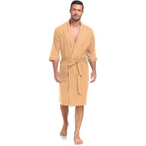 CF Men's 100% Cotton Robe Lightweight Bathrobe Summer Short Sleeve Bath Robes Soft Breathable Kimono Spa Robe with Pockets, Sandshell Large