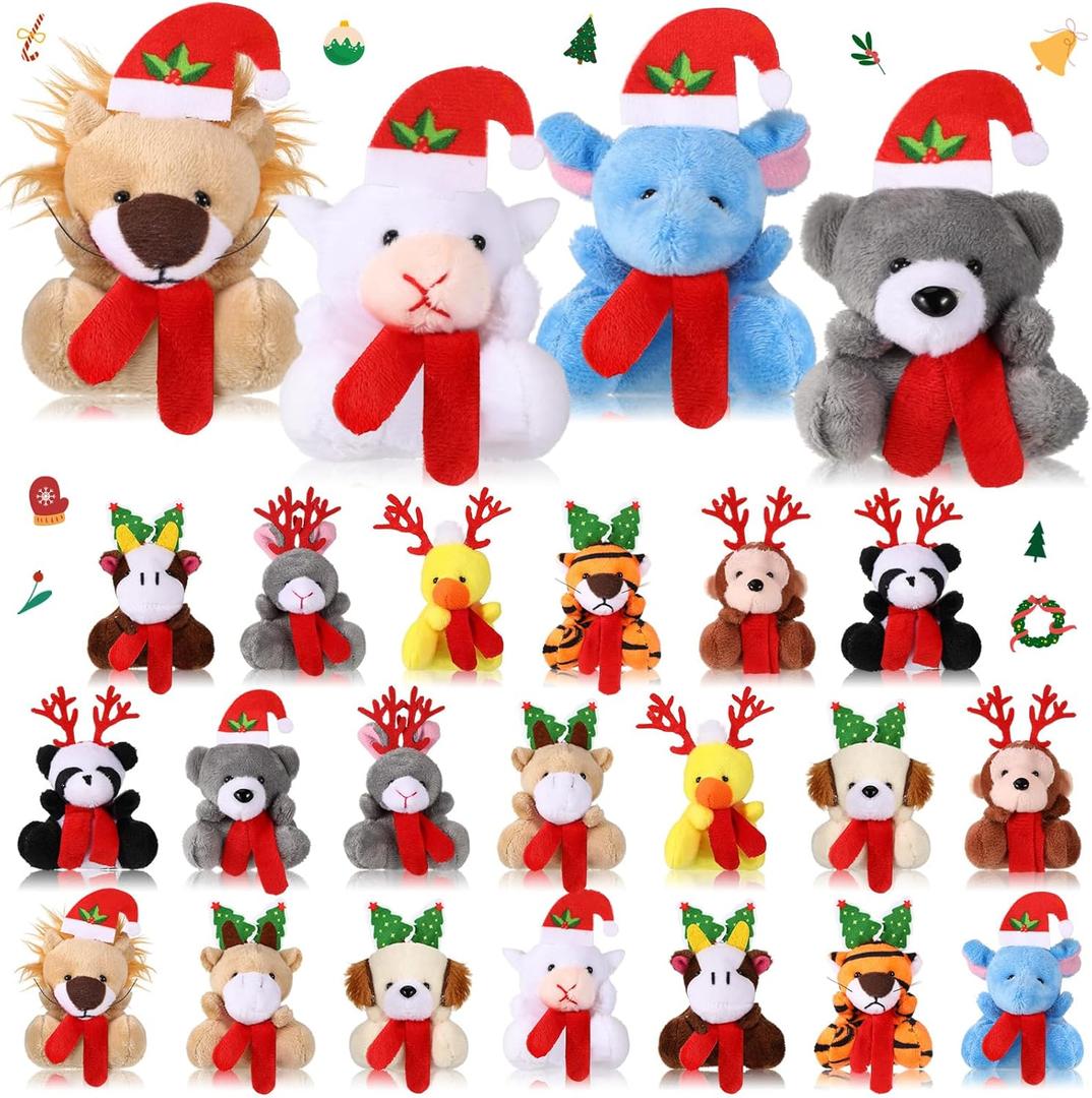 Jenaai 24 Pcs Mini Christmas Stuffed Animals Bulk Small Christmas Tree Decor Animals Hanging Santa Elk Keychain Doll for Xmas Holiday Exchange Gifts Party Favors