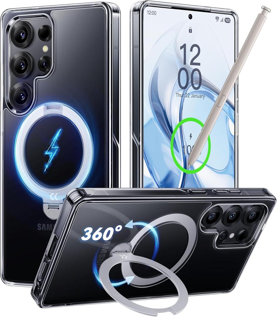 CASEKOO Crystal Clear 360 Spin Magnetic Stand for Samsung Galaxy S25 Ultra Case, 16FT Military Protection, Fit for MagSafe, Protective Polish S25 Ultra Case with Kickstand Ring 6.9"