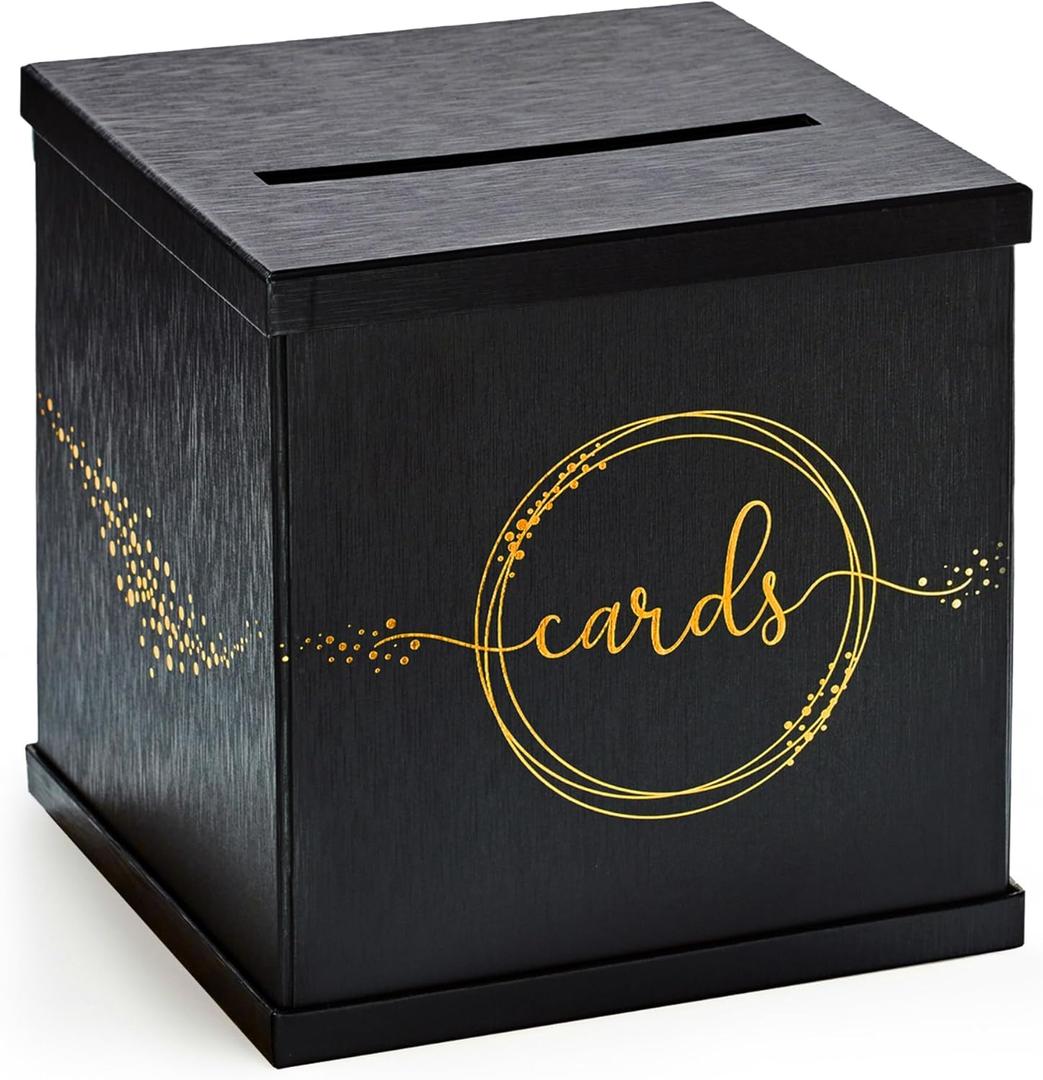 Black & Gold Card Box, Large 10 Holder for Wedding Reception, Graduation Party, Funeral Memorial, Birthday, Bridal & Baby Shower, Retirement, Donation Basket, Money, Envelope Box with Slot