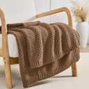 Light Brown Throw Blanket, Knit Throw Blanket for Couch, Soft Cozy Warm Lightweight Reversible Decorative Moss Stitch Cable Knitted Blankets for Bed, 60x80 Inches, Camel Brown