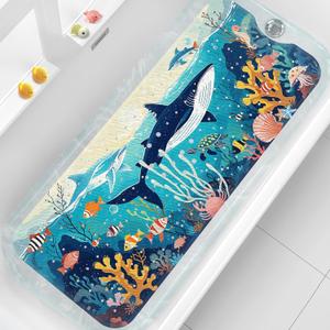 XIYUNTE Kids Bath Mat for Tub Non Slip - 40''x16'' Bathtub Mat Non Slip for Kids and Adult, Safety Baby Bath Mat for Tub with Suction Cups and Drain Holes, Machine Washable Baby Bathtub Mat, Whale-1