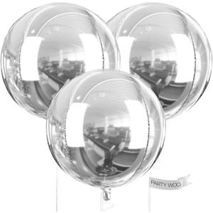 PartyWoo Metallic Silver Foil Balloons 3pcs 50 Inch Large Round Foil Big Giant 4D Jumbo Inflatable Mirror Ball Mylar Balloons for Graduation Birthday Engagement Space Themed Party Decorations