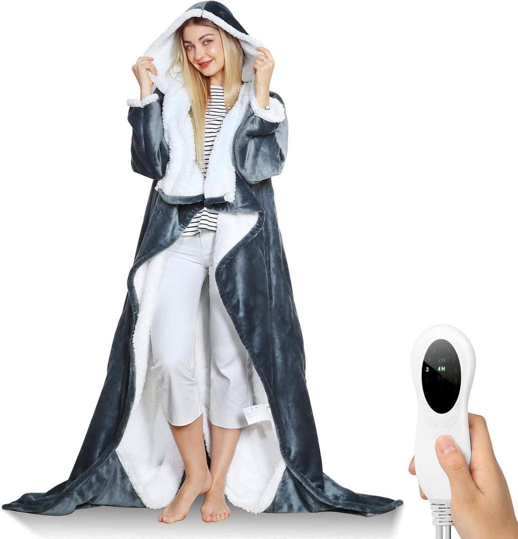Wearable Electric Blankets, Heated Snuggle Blanket, 70"*50" Flannel Sherpa Electric Heating Throw Blanket with Hood, Sleeves, Foot Pocket, 10 Heating 3 Timer Settings for Women Men