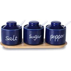 ONTUBE Farmhouse 8oz, Sugar Pepper and Salt Bowls with Lid and Spoon, Ceramics Condiment Pots,Seasoning Jar Spice Container for Kitchen,Dishwasher Safe (Blue)