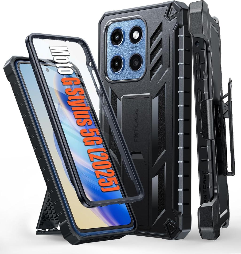 FNTCASE for Motorola Moto G-Stylus-5G-2025 Case: Military Grade Rugged Cell Phone Cover with Kickstand & Holster | Shockproof TPU Protection Bumper Matte Textured Design | Heavy Duty Protector(Black)