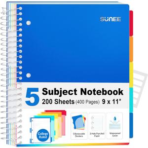 SUNEE 5 Subject Notebook College Ruled - 400 Pages, 9"x11", 5 Pocket Colored Dividers, 3-Hole Punched Paper, Blue
