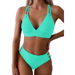 Tainehs Women's Push Up V Neck Bikini Sets Criss Cross Back Two Piece Bathing Suit (Lake Green), S