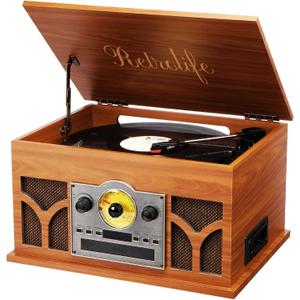 10-in-1 Record Player with Built-in Speakers Wireless Playback, CD & Cassette Player, USB Player, AM/FM Radio, 3 Speeds Turntable Vinyl Record Player Mahogany