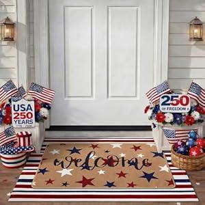 Tinideya 2 Pcs 4th of July Patriotic Door Mat Outdoor 250th Anniversary Welcome Front Door Mat Layered Red White Blue Stars Stripes Entryway Rug Non Slip Independence Day Decor for Front Porch Outside