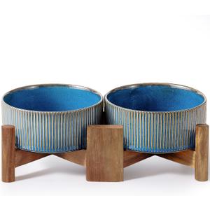 Getstar Ceramic Dog Bowls Set with Acacia Wood Stand, 3.5 Cups Pet Bowls Set of 2 for Medium Dogs, Cute Dog Food Bowl, Cat Bowls (Vintage Blue)