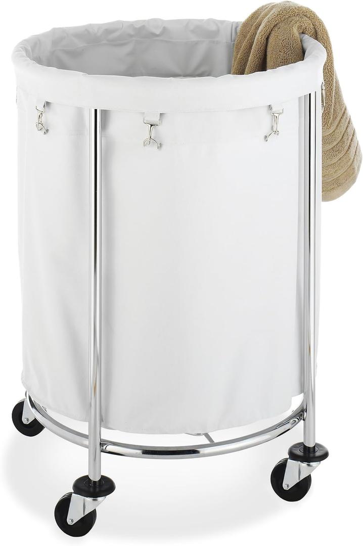 Whitmor Round Commercial Laundry Hamper with Removable Liner and Heavy Duty Wheels -Chrome (6894-3499-BB)