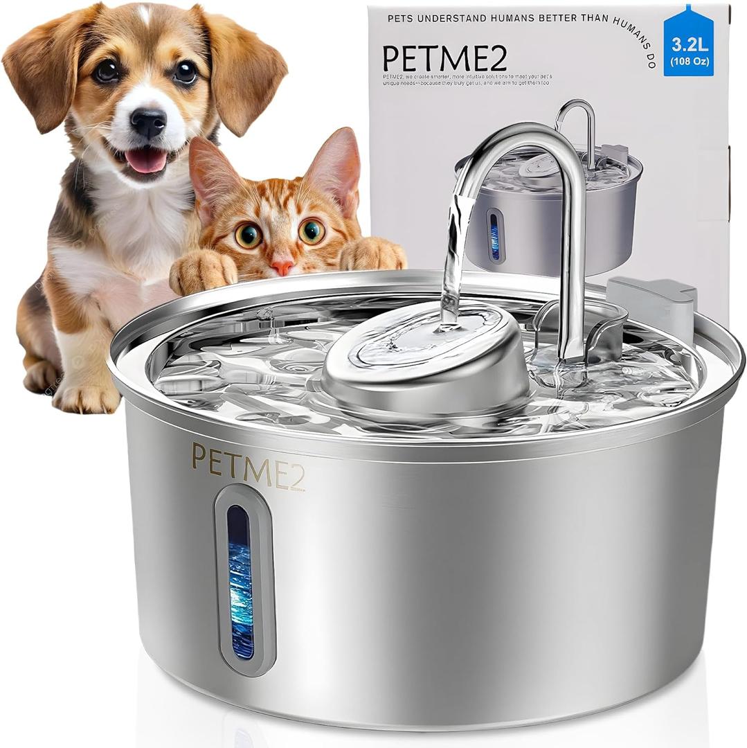Luxury Smart Pet Fountain 2026  3.2L/108oz Stainless Steel Automatic Cat & Dog Water Fountain, Indoor Pet Water Dispenser with LED Light, Quiet Pump, Dual Flow Modes, 4-Layer Filter, Dishwasher Safe