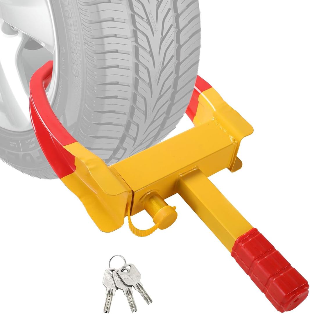 Wheel Clamp Lock | Heavy Duty Anti Theft Tire Lock, Adjustable Trailer Wheel Lock Universal Security Tire Lock with 3 Keys for Cars Trucks Trailers SUVs (Red)
