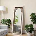 Vintage Small Full Length Mirror with Stand 42 inch, Handmade Distressed Finish White Leaning Rustic Wood Floor Mirror, Ornate Carved Arched Full Length Mirrors for Bedroom Dressing Room
