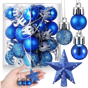 25 Pcs Mini Christmas Balls Ornaments Set Christmas Tree Decoration 0.79 Inch Christmas Ball Christmas Tree Topper Star Xmas Tree Hanging Ornaments for Party Decoration(Blue)