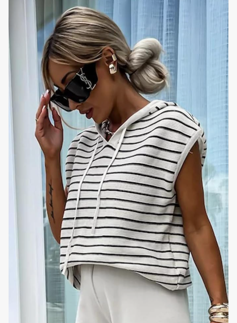 KevaMolly Women's T-Shirts Drawstring Hooded Loose Sweater T Shirt Sleeveless Casual Striped Daily Tshirt Small