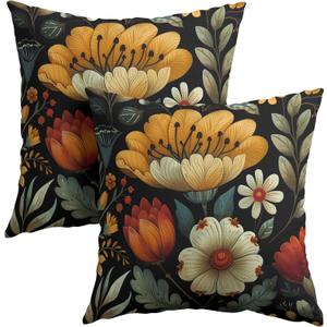Vintage Boho Floral Pillow Covers 20x20 Inches Yellow Beige Black Throw Pillow Case Set of 2 Spring Flower Pillow Cover Cotton Linen Cushion Cover for Home Couch Sofa Bedroom Livingroom