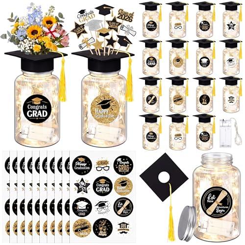 Boao 16 Sets Graduation Table Decoration Set with LED Light up Graduation Decorations for Class of 2026, Grad Jar, Felt Grad Hat and Stickers for High School College(Black,Lovely)