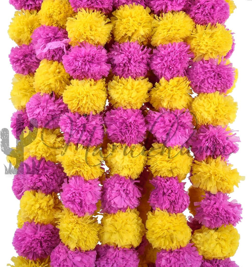 Marubhumi 5 PC - 5 feet Artificial Marigold Flower Garland – Long Strands for Diwali, Wedding & Festive Decoration – Traditional Indian Home Decor
