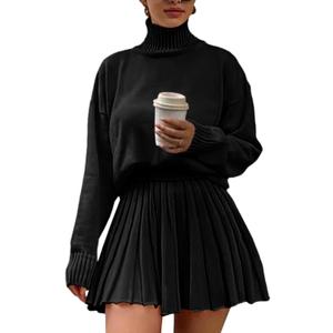 Women's 2 Piece Outfits Turtleneck Long Sleeve Oversized Pullover Sweaters and Pleated Mini Skirt Two Piece Sets (Large, Black)