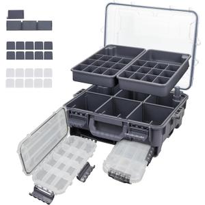 RUNCL Universal Fishing Tackle Box with Two Small Tackle Tray, Removal Inside Design Waterproof Trunk Storage Box, Thicker Floating Airtight Stowaway, Xmas Surprise Fishing Gifts for Men Women (Grey)