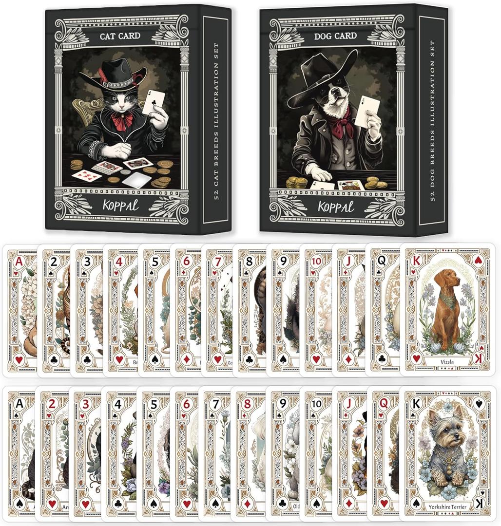 Unique Vintage Cat Dog Portraits Playing Cards, Cute Pet Themed Poker Cards, Featuring Backup Deck,Standard Index(Poker Deck 54 Cards All Different), for Family Game Night