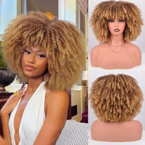 Vitorish 12 Inches Afro Curly Wigs for Black Women Afro Bomb Kinky Curly Wig with Bangs about 280g Fluffy and Soft Glueless Synthetic Hair Afo Wig (Ombre Blonde)