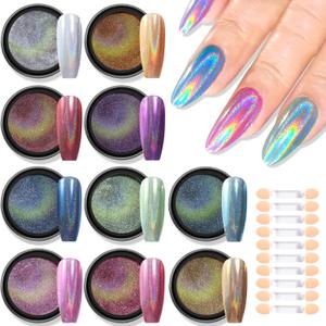 Holographic Chrome Nail Powder, 10 Colors Metallic Mirror Effect Nail Glitter Powder Laser Gold Silver Pink Blue Aurora Iridescent Manicure Pigment Dust with Brush, Nail Art Decoration