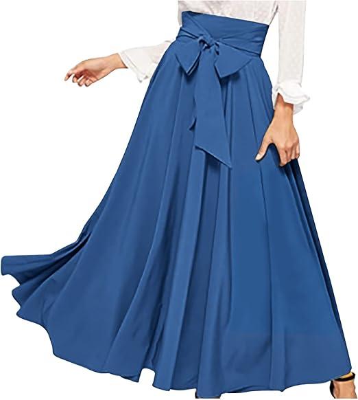 Women's Elegant High Waist Maxi Skirt Tie Front Pleated A-Line Skirts Loose Fit Flowy Dressy Skirt Summer Maxi Skirt Large, Light Blue 