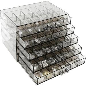 Clear Grey Acrylic Jewelry Storage Box, Earring Jewelry Organizer with 5 Drawers, 5-Layer Jewelry Box for Women, Earring Display Holder for Earrings Ring Bracelet Necklace, 120 Grid Storage Box